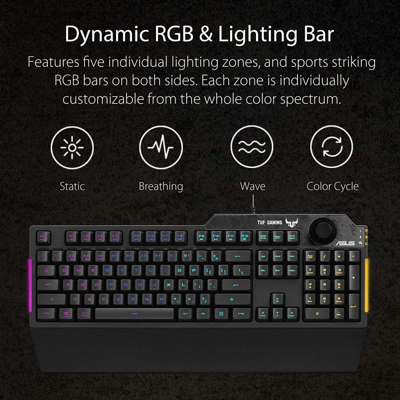 ASUS TUF K1 Gaming RGB Spill - Resistant Keyboard with Dedicated Volume Knob and Detachable Wrist Rest - SWIFT PERIPHERALSTUF-GAMING-K1