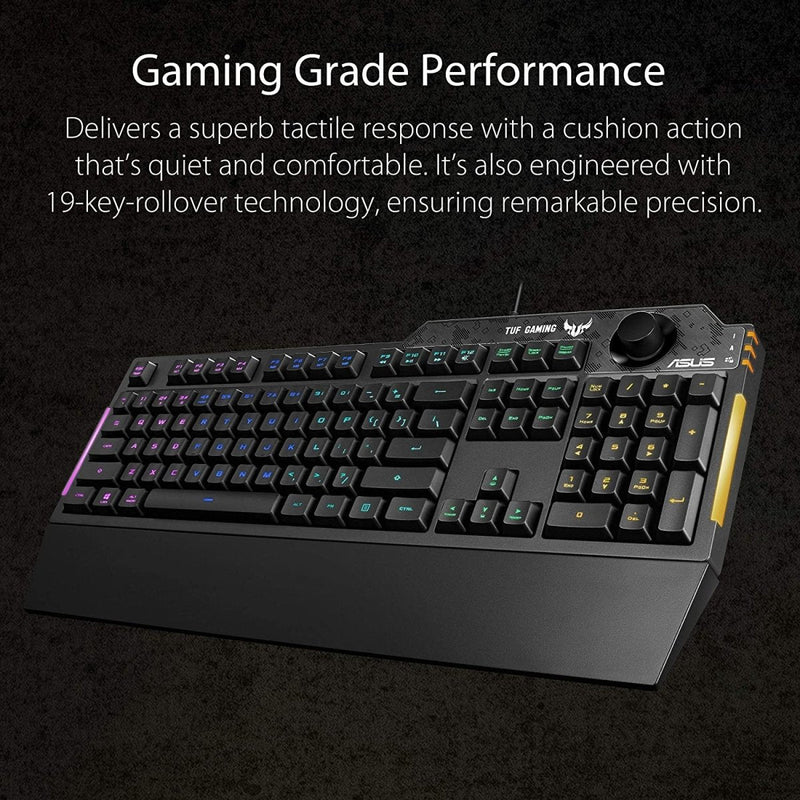 ASUS TUF K1 Gaming RGB Spill - Resistant Keyboard with Dedicated Volume Knob and Detachable Wrist Rest - SWIFT PERIPHERALSTUF-GAMING-K1