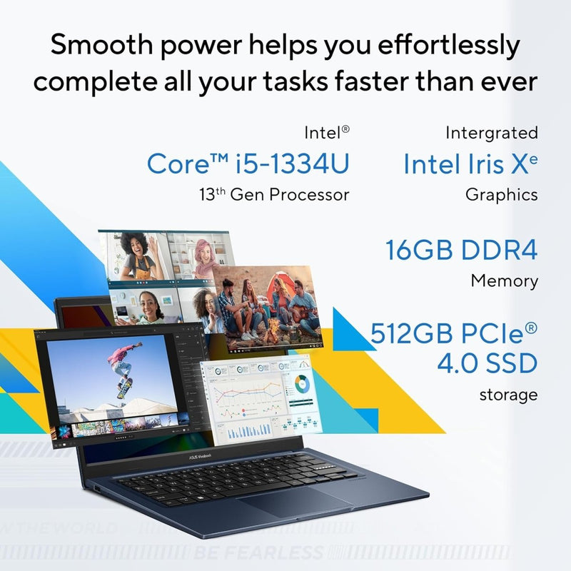 ASUS VIVOBOOK 14, 14" FHD (1920 X 1080), INTEL CORE I5 - 1334U PROCESSOR,(16GB RAM/512GB SSD/INTEL IRIS X? IGPU/WINDOWS 11/M365 BASIC (1YEAR)*/OFFICE HOME 2024/BLUE/1.40 KG),X1404VA - NK790WS - SWIFT PERIPHERALS90NB10I1-M018N0