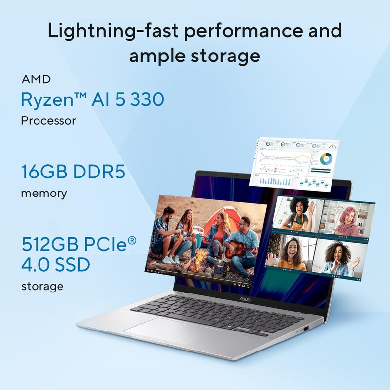 ASUS VIVOBOOK 14 M1407KA - LY131WS [AI R5 - 330/16GB/512GB SSD/WIN11 HOME+MS24/14.0"/INTEGRATED GRAPHICS/1 YEAR(S)/SILVER] - SWIFT PERIPHERALS1095738