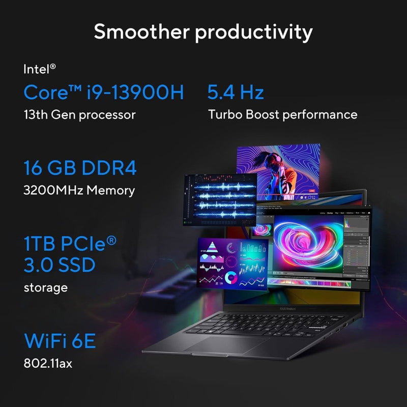 ASUS VIVOBOOK 14X OLED, INTEL CORE I9 - 13900H 13TH GEN, 14 INCH (35.56 CM) 2.8K 90HZ OLED, CREATOR/GAMING LAPTOP (16 GB RAM/1TB SSD/4GB RTX 3050/WIN11/BACKLIT/FINGERPRINT/BLACK/1.45 KG), K3405VCB - KM951WS - SWIFT PERIPHERALS90NB11I1-M004V0