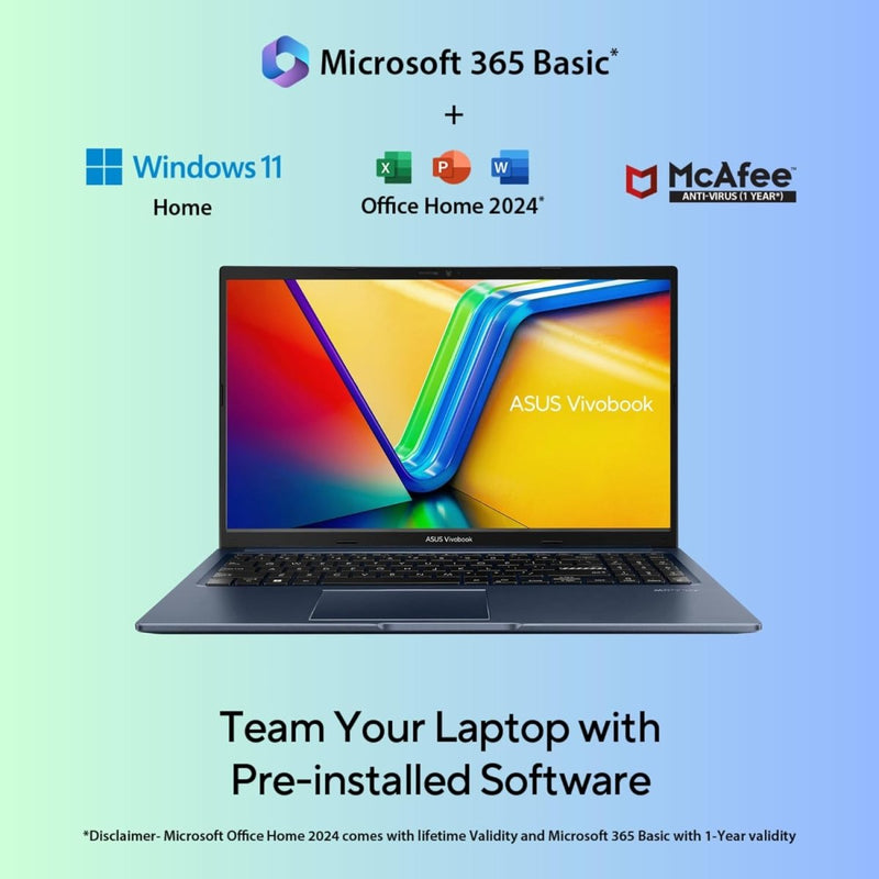 ASUS VIVOBOOK 15, 15.6" FHD (1920 X 1080), INTEL CORE I3 - 1315U, (8GB RAM/512GB SSD/INTEL UHD IGPU/WINDOWS 11/M365 BASIC (1YEAR)*/OFFICE HOME 2024/QUIET BLUE/1.7 KG), X1504VA - NJ3321WS - SWIFT PERIPHERALS1094844