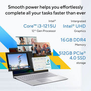 ASUS VIVOBOOK 15, 15.6 INCH FHD (1920 X 1080), INTEL CORE I3 - 1215U PROCESSOR 1.2 GHZ, THIN & LIGHT LAPTOP(16GB RAM/512GB SSD/INTEGRATED GRAPHICS/WINDOWS 11/OFFICE HOME/COOL SILVER/1.7 KG), X1504ZA - NJ342WS - SWIFT PERIPHERALS90NB1022-M029K0