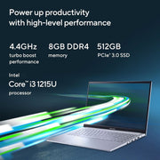 ASUS VIVOBOOK 15 (2022), INTEL CORE I3 - 1215U, 12TH GEN, 8GB RAM, 512GB SSD, FHD, 15.6 INCH/39.62CM, WINDOWS 11, MS OFFICE 2021, ICELIGHT SILVER, 1.7KG, X1502ZA - EJ322WS, BACKLIT KB LAPTOP - SWIFT PERIPHERALS90NB0VX2-M01N90