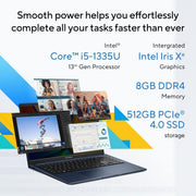 ASUS VIVOBOOK 15 (2023), INTEL CORE I5 - 1335U 13TH GEN, THIN AND LIGHT LAPTOP, 15.6" (39.62 CMS) FHD, (8GB RAM /512GB SSD/INTEL IRIS X?/WINDOWS 11/OFFICE 2021/FINGERPRINT/BLUE/1.7 KG), X1504VA - NJ523WS - SWIFT PERIPHERALS90NB10J1-M00CV0