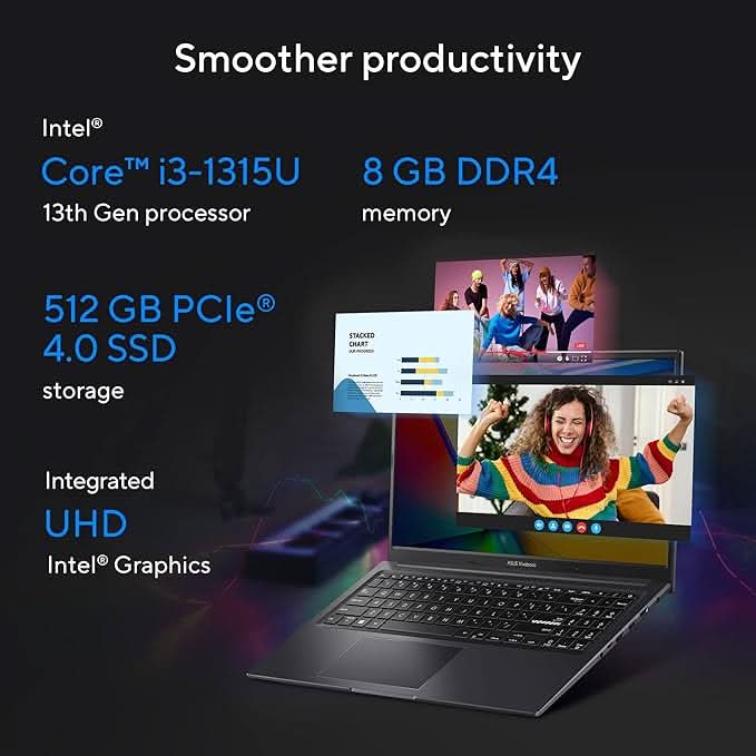 ASUS VIVOBOOK 15X INTEL CORE I3 - 1315U / 8GB DDR4 / 512GB PCIE 4.0 SSD / 15.6 - INCH / FHD (1920 X 1080) 16:9 /INDIE BLACK /BACKLIT KB / WIN 11 HOME / MS OFFICE LAPTOP K3504VAB - NJ321WS - SWIFT PERIPHERALS90NB10A1-M007X0