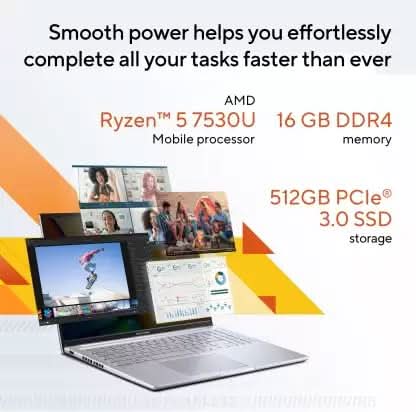 ASUS VIVOBOOK 16 (2023) AMD RYZEN 5 HEXA CORE 7530U - (16 GB/512 GB SSD/WINDOWS 11 HOME) M1605YA - MB542WS LAPTOP (16 INCH, COOL SILVER, 1.88 KG, WITH MS OFFICE) - SWIFT PERIPHERALS90NB10R2-M00AX0