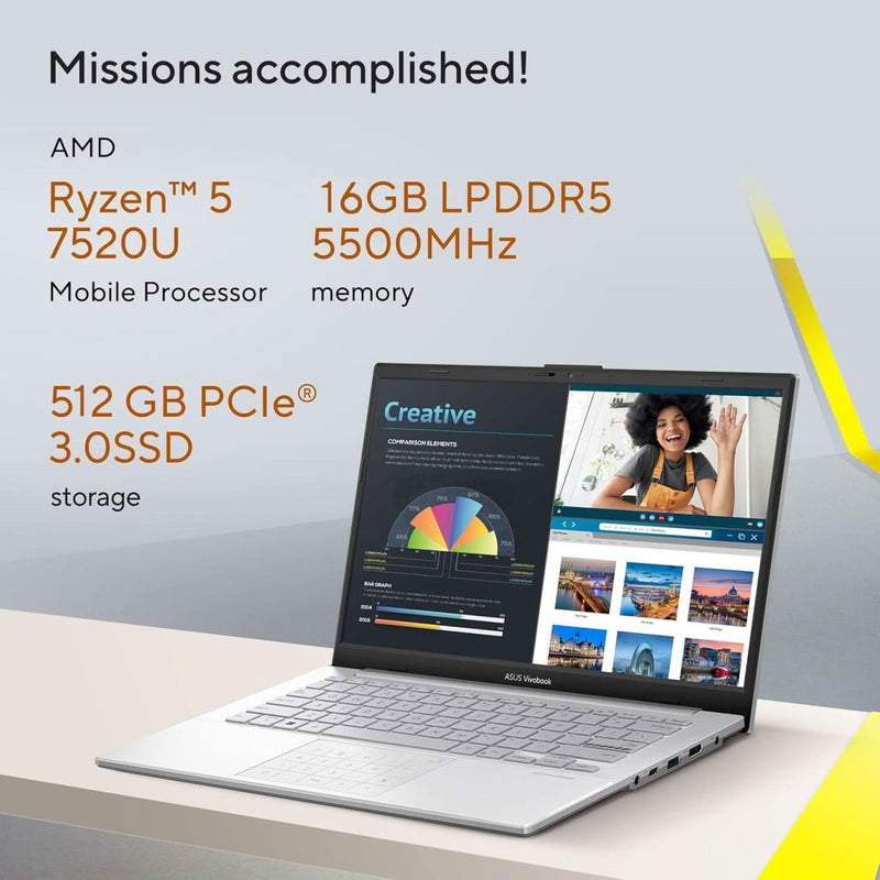 ASUS VIVOBOOK GO 14, 14 INCH FHD (1920 X 1080), AMD RYZEN 5 7520U PROCESSOR,(16GB RAM/512GB SSD/AMD RADEON IGPU/WINDOWS 11/MS OFFICE 365 BASIC (1YEAR)*/OFFICE HOME 2024/SILVER/1.38 KG),E1404FA - NK5541WS - SWIFT PERIPHERALS90NB0ZS1-M00Y70