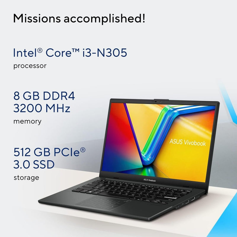ASUS VIVOBOOK GO 14 (2023), INTEL CORE I3 - N305, 14" (35.56 CMS) FHD, THIN AND LIGHT LAPTOP (8GB/512GB SSD/INTEGRATED GRAPHICS/WINDOWS 11/OFFICE 2021/FINGERPRINT/BLACK/1.38 KG), E1404GA - NK322WS - SWIFT PERIPHERALS90NB0ZW2-M000K0