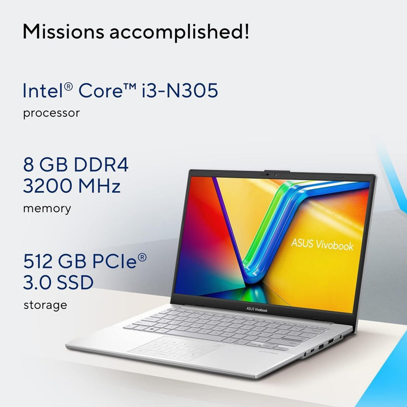 ASUS VIVOBOOK GO 14 2023, INTEL CORE I3 - N305, 14" (35.56 CMS) FHD, THIN & LIGHT LAPTOP (8GB/512GB SSD/WIN11/OFFICE 2021/42WHR/COOL SILVER/1.38 KG), E1404GA - NK321WS - SWIFT PERIPHERALS90NB0ZW1-M000J0