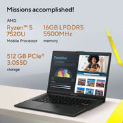ASUS VIVOBOOK GO 14 AMD RYZEN 5 7520U / 16GB DDR5 / 512GB PCIE 3.0 SSD / 14.0 - INCH / FHD (1920 X 1080) 16:9 /MIXED BLACK / NUMBERPAD /WIN 11 HOME / MS OFFICE LAPTOP E1404FA - NK542WS - SWIFT PERIPHERALS90NB0ZS2-M009A0