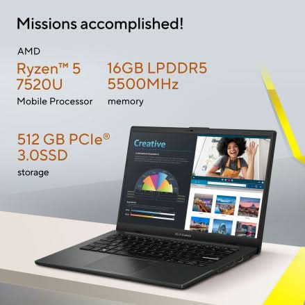 ASUS VIVOBOOK GO 14 AMD RYZEN 5 7520U / 16GB DDR5 / 512GB PCIE 3.0 SSD / 14.0 - INCH / FHD (1920 X 1080) 16:9 /MIXED BLACK / NUMBERPAD /WIN 11 HOME / MS OFFICE LAPTOP E1404FA - NK542WS - SWIFT PERIPHERALS90NB0ZS2-M009A0