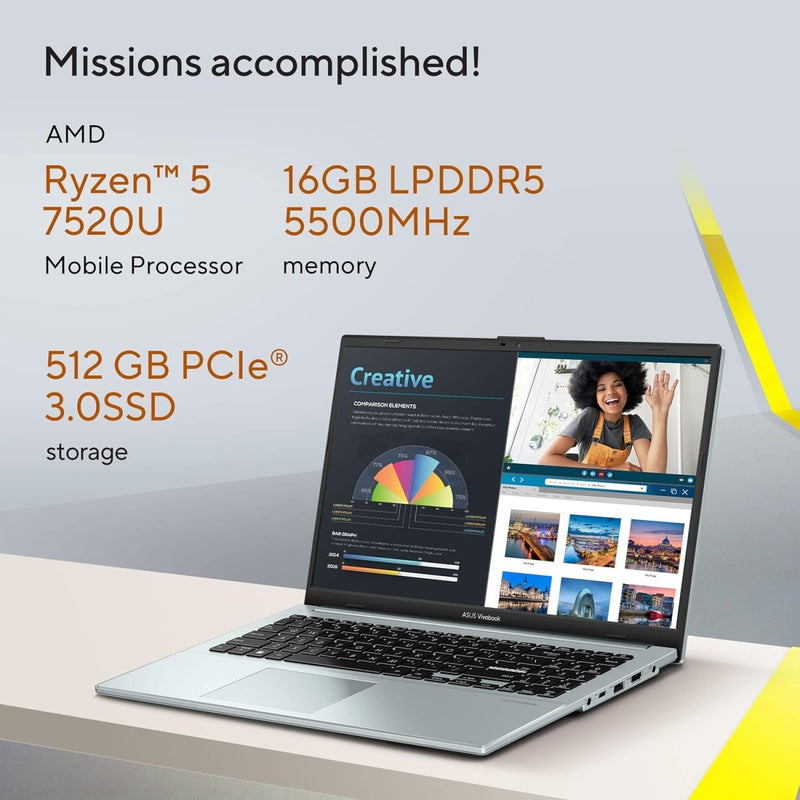 ASUS VIVOBOOK GO 15 (2023), AMD RYZEN 5 7520U, 15.6" (39.62 CM) FHD, THIN & LIGHT LAPTOP (16GB/512GB SSD/WINDOWS 11/OFFICE 2021/ALEXA BUILT - IN/GREEN GREY/1.63 KG), E1504FA - NJ543WS - SWIFT PERIPHERALS90NB0ZR3-M00BH0