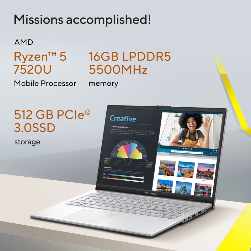 ASUS VIVOBOOK GO 15 AMD RYZEN 5 7520U / 16GB LPDDR5 / 512GB PCIE 3.0 SSD / 15.6 - INCH / FHD (1920 X 1080) 16:9 /COOL SILVER /WIN 11 HOME / MS OFFICE LAPTOP E1504FA - NJ541WS - SWIFT PERIPHERALS90NB0ZR1-M00BK0
