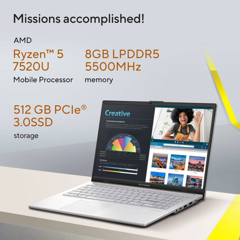 ASUS VIVOBOOK GO 15 AMD RYZEN 5 QUAD CORE 7520U - (8 GB/512 GB SSD/WINDOWS 11 HOME) E1504FA - NJ132WS | E1504FA - NJ521WS THIN AND LIGHT LAPTOP (15.6 INCH, COOL SILVER, 1.63 KG, WITH MS OFFICE) - SWIFT PERIPHERALSE1504FA-NJ132WS