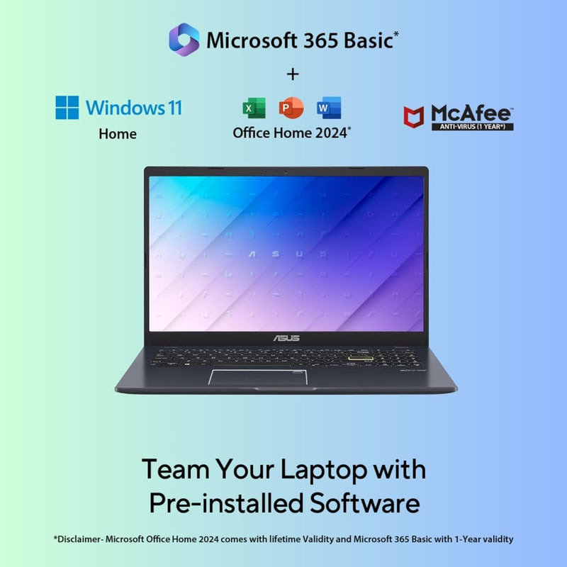 ASUS VIVOBOOK GO 15, INTEL CELERON N4500, FINGERPRINT SENSOR (INTEL HD IGPU/8GB RAM/512GB SSD/FHD/15.6"/60HZ/42WHRS/WINDOWS 11/M365 BASIC (1YEAR)*/OFFICE HOME 2024/STAR BLACK/1.57 KG) E510KA - EJ9011WS - SWIFT PERIPHERALS90NB0UJ5-M01D30