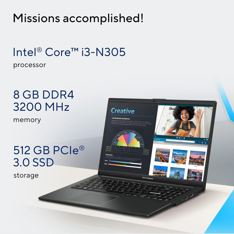 ASUS VIVOBOOK GO 15 OLED (2023), INTEL CORE I3 - N305, 15.6" (39.62 CMS) FHD OLED, THIN AND LIGHT LAPTOP (8GB/512GB SSD/WINDOWS 11/OFFICE 2021/BACKLIT KB/BLACK/1.63 KG), E1504GA - LK322WS - SWIFT PERIPHERALS90NB0ZT2-M009D0