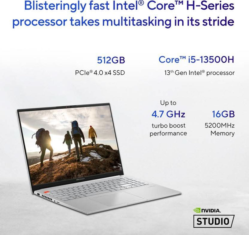 ASUS VIVOBOOK PRO 15 OLED FOR CREATOR, INTEL H - SERIES INTEL CORE I5 13TH GEN 13500H - (16 GB/512 GB SSD/WINDOWS 11 HOME/6 GB GRAPHICS/NVIDIA GEFORCE RTX 4050/120 HZ/65 TGP) K6502VU - MA542WS GAMING LAPTOP (15.6 INCH, COOL SILVER, 1.80 KG, WITH MS OFFICE) - SWIFT PERIPHERALS90NB1132-M003B0