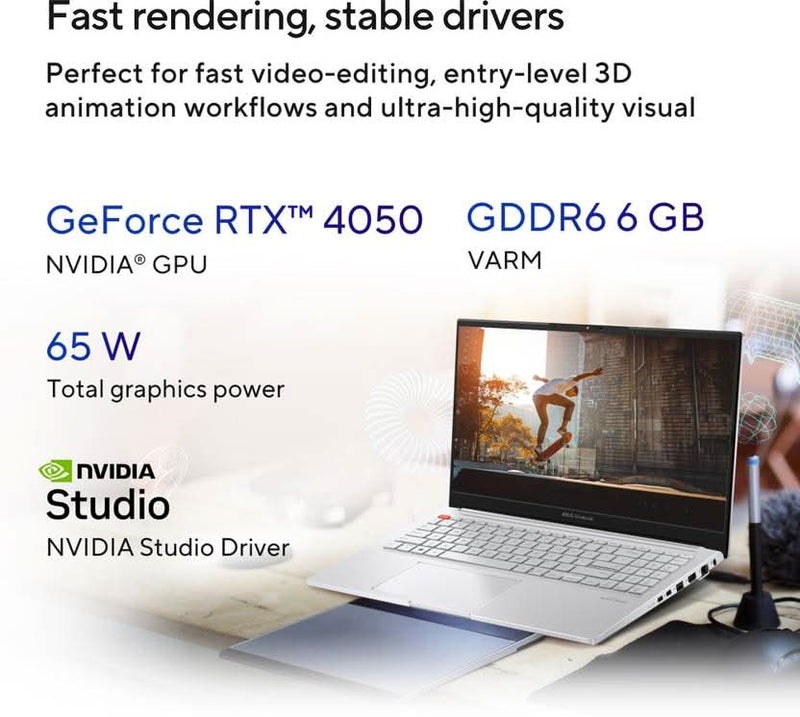 ASUS VIVOBOOK PRO 15 OLED FOR CREATOR, INTEL H - SERIES INTEL CORE I5 13TH GEN 13500H - (16 GB/512 GB SSD/WINDOWS 11 HOME/6 GB GRAPHICS/NVIDIA GEFORCE RTX 4050/120 HZ/65 TGP) K6502VU - MA542WS GAMING LAPTOP (15.6 INCH, COOL SILVER, 1.80 KG, WITH MS OFFICE) - SWIFT PERIPHERALS90NB1132-M003B0