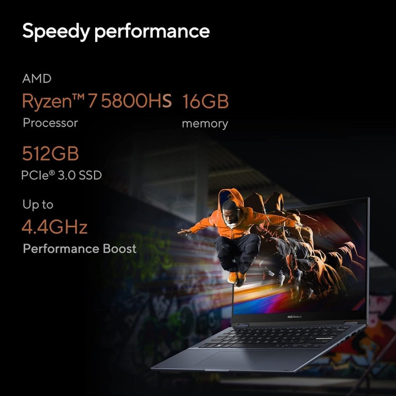 ASUS VIVOBOOK S 14 FLIP (2022), 14 - INCH (35.56 CMS) FHD+ 16:10 TOUCH, AMD RYZEN 7 5800HS, 2 - IN - 1 LAPTOP (16GB/512GB SSD/INTEGRATED GRAPHICS/WINDOWS 11/OFFICE 2021/SILVER/1.5 KG), TN3402QA - LZ741WS - SWIFT PERIPHERALS90NB0WT2-M00AM0
