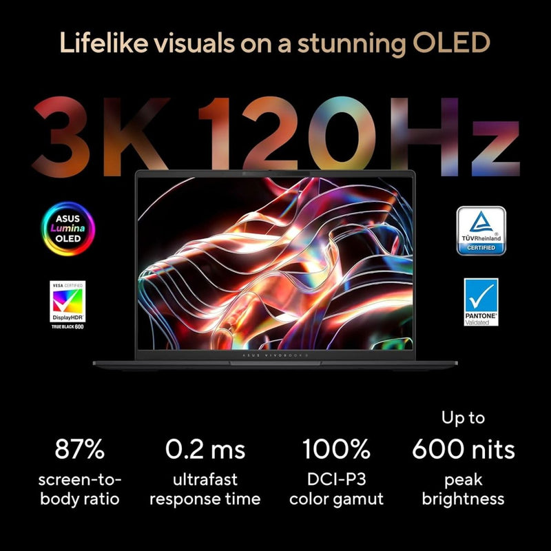 ASUS VIVOBOOK S 14 OLED, 3K OLED 16:10, 120HZ 400 NITS, AMD RYZEN AI 9 HX 370 PROCESSOR 2.0GHZ, BUILT - IN AI (24GB RAM/512GB SSD/WINDOWS 11/OFFICE 2021/NEUTRAL BLACK/1.3 KG), M5406WA - PP961WS - SWIFT PERIPHERALS90NB14P3-M00080