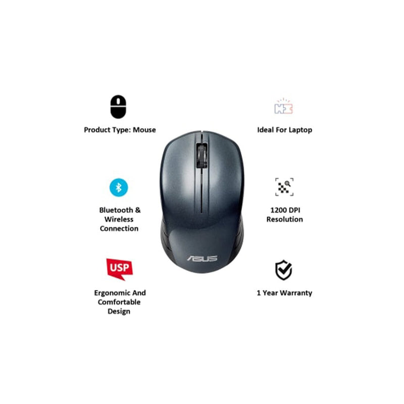 Asus WT200 Wireless Optical Mouse with 1200 DPI Ergonomic Design and 2.4GHz Technology - SWIFT PERIPHERALS90XB03Q0-BMU010