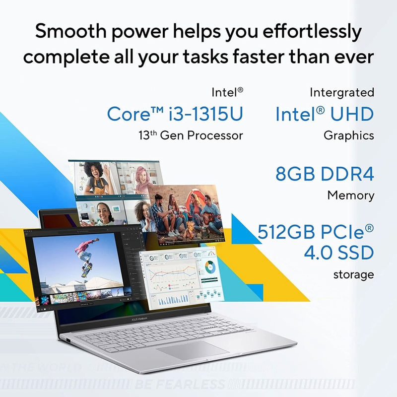 ASUS X1504VA - NJ322WS [CI3 - 1315U 13TH GEN/8GB DDR4/512GB SSD/WIN 11 HOME +MSO/15.6 INCH/INTEGRATED GRAPHICS /1 YEAR(S)/SILVER] - SWIFT PERIPHERALS1085028