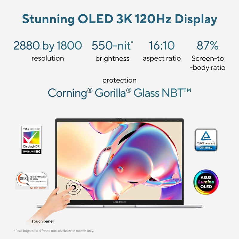 ASUS ZENBOOK 14 3K OLED 16:10 TOUCH, 120HZ, INTEL CORE ULTRA 5 125H 1.2 GHZ, AI BOOST NPU, THIN & LIGHT LAPTOP(16GB RAM/1TB SSD/WIN 11/OFFICE HOME/75WHR BATTERY/FOGGY SILVER/1.28 KG),UX3405MA - PZ551WS - SWIFT PERIPHERALS90NB11R4-M00DC0