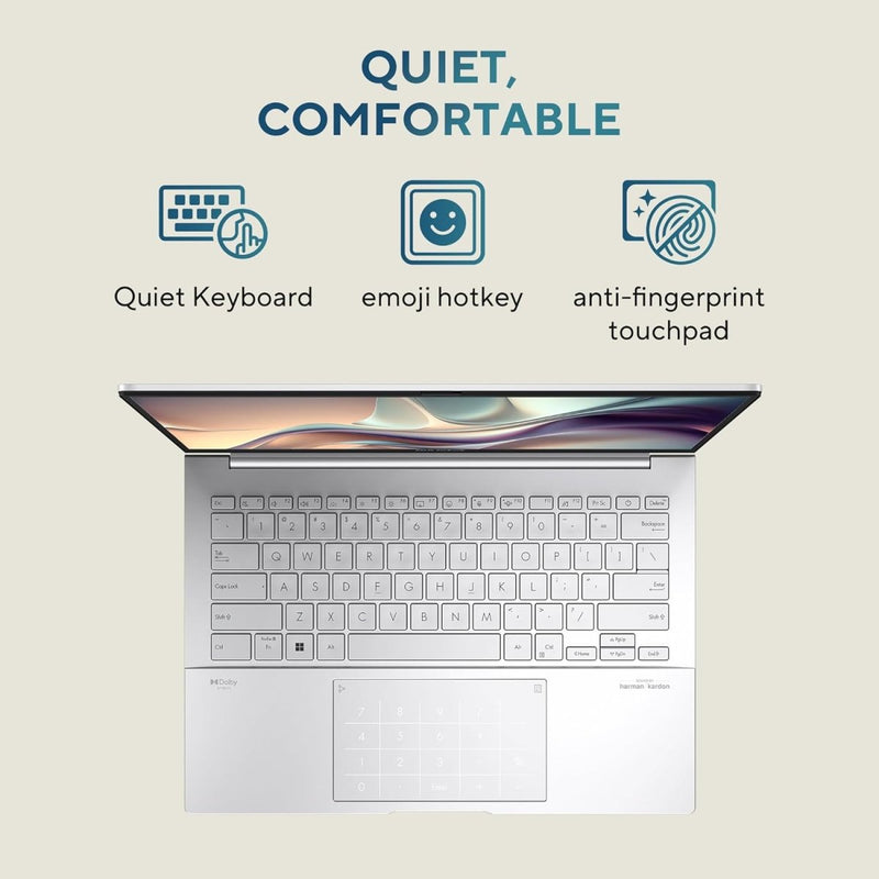 ASUS ZENBOOK 14 3K OLED 16:10 TOUCH, 120HZ, INTEL CORE ULTRA 5 125H 1.2 GHZ, AI BOOST NPU, THIN & LIGHT LAPTOP(16GB RAM/1TB SSD/WIN 11/OFFICE HOME/75WHR BATTERY/FOGGY SILVER/1.28 KG),UX3405MA - PZ551WS - SWIFT PERIPHERALS90NB11R4-M00DC0