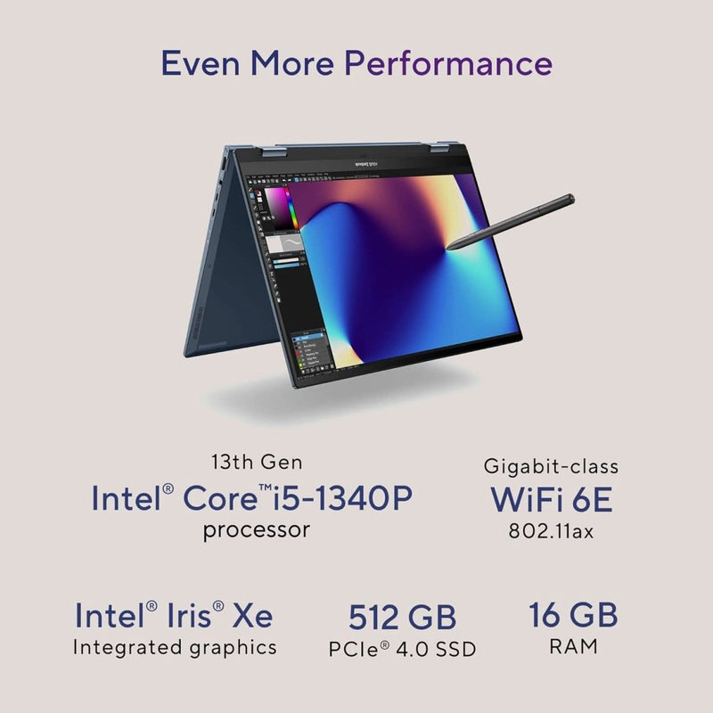ASUS ZENBOOK 14 FLIP OLED (2023), INTEL CORE I5 - 1340P 13TH GEN, 14 INCH (35.56 CM) 2.8K 90HZ OLED, THIN & LIGHT LAPTOP (16GB/512GB SSD/IRIS XE/WIN 11/OFFICE 2021/75W BATTERY/BLUE/1.5 KG), UP3404VA - KN542WS - SWIFT PERIPHERALS90NB10E2-M001E0