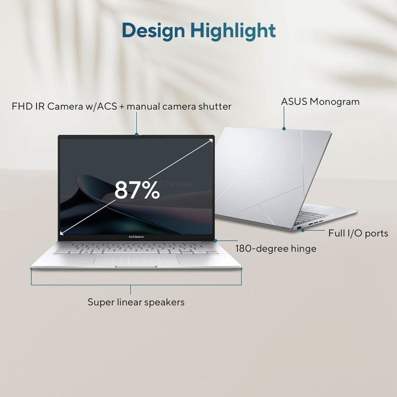 ASUS ZENBOOK 14, INTEL CORE ULTRA 7, 14 INCH 3K OLED 16:10 120 HZ, THIN & LIGHT LAPTOP, BUILT - IN AI (32GB RAM/1 TB//WIN 11/OFFICE 2021/BACKLIT/TOUCHSCREEN/75WHR /FOGGY SILVER/1.28 KG), UX3405MA - PZ761WS - SWIFT PERIPHERALS90NB11R4-M00DE0