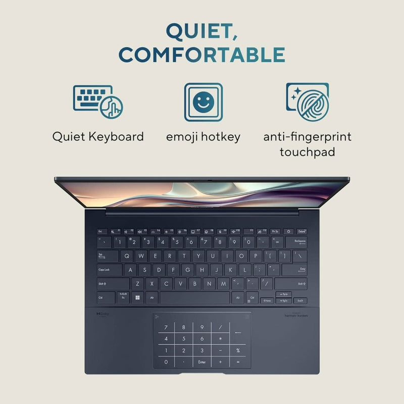 ASUS ZENBOOK 14, INTEL CORE ULTRA 7, 14 INCH 3K OLED 16:10 120 HZ, THIN & LIGHT LAPTOP, BUILT - IN AI (32GB RAM/1 TB//WIN 11/OFFICE 2021/BACKLIT/TOUCHSCREEN/75WHR /PONDER BLUE/1.28 KG), UX3405MA - PZ762WS - SWIFT PERIPHERALS90NB11R3-M00DF0