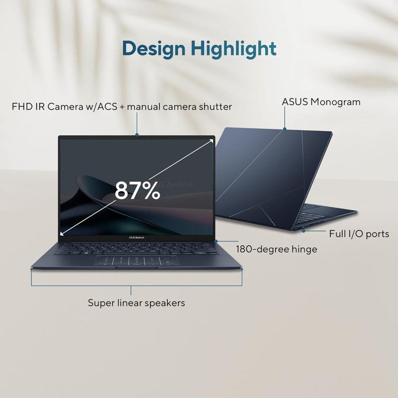 ASUS ZENBOOK 14, INTEL CORE ULTRA 9 185H, 14" 3K OLED 16:10 120HZ, THIN & LIGHT LAPTOP, BUILT - IN AI (32GB/1TB SSD/WIN11/OFFICE 2021/BACKLIT/TOUCHSCREEN/75WHR/PONDER BLUE/1.28 KG), UX3405MA - PZ962WS - SWIFT PERIPHERALS90NB11R3-M00XN0
