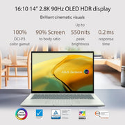 ASUS ZENBOOK 14 OLED (2022), 14" (35.56 CMS) 2.8K OLED 16:10 90HZ, INTEL CORE I5 - 1240P 12TH GEN, THIN AND LAPTOP (16GB/512GB SSD/IRIS XE GRAPHICS/WIN 11/OFFICE 2021/CELADON/1.39 KG), UX3402ZA - KM532WS - SWIFT PERIPHERALS90NB0WC2-M003K0