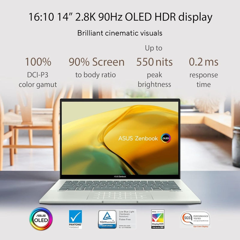 ASUS ZENBOOK 14 OLED (2022), 14" (35.56 CMS) 2.8K OLED 16:10 90HZ, INTEL CORE I5 - 1240P 12TH GEN, THIN AND LAPTOP (16GB/512GB SSD/IRIS XE GRAPHICS/WIN 11/OFFICE 2021/CELADON/1.39 KG), UX3402ZA - KM532WS - SWIFT PERIPHERALS90NB0WC2-M003K0