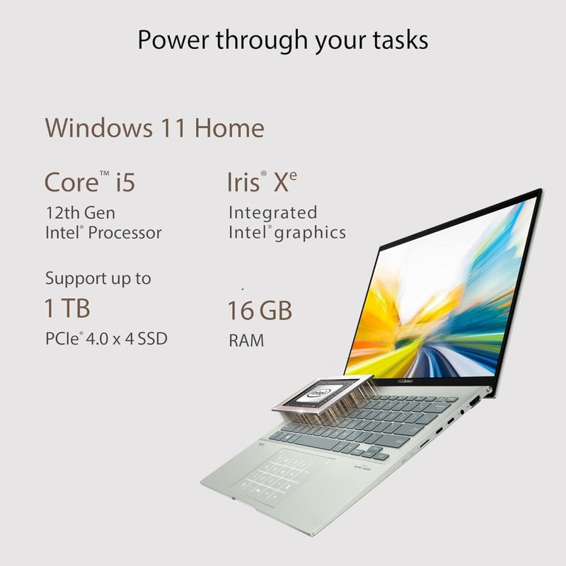 ASUS ZENBOOK 14 OLED (2022), 14" (35.56 CMS) 2.8K OLED 16:10 90HZ, INTEL CORE I5 - 1240P 12TH GEN, THIN AND LAPTOP (16GB/512GB SSD/IRIS XE GRAPHICS/WIN 11/OFFICE 2021/CELADON/1.39 KG), UX3402ZA - KM532WS - SWIFT PERIPHERALS90NB0WC2-M003K0