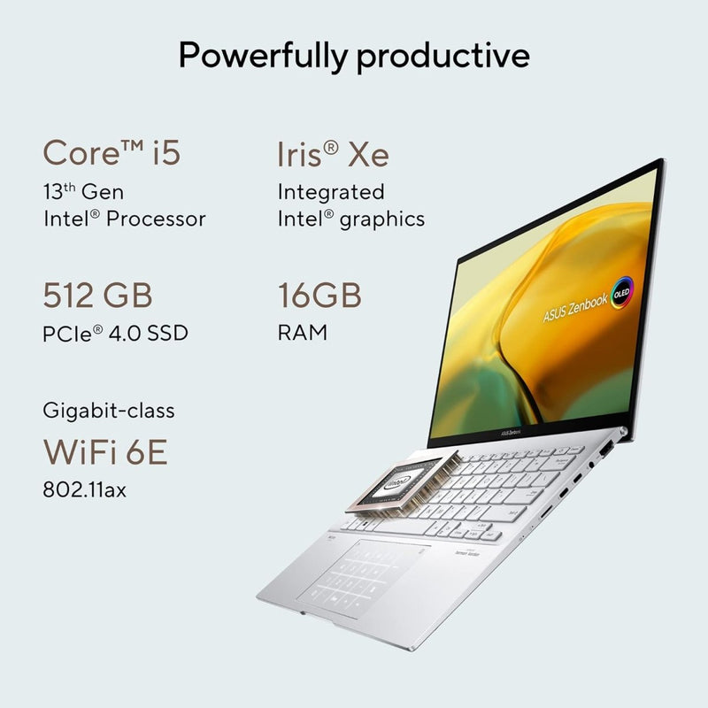 ASUS ZENBOOK 14 OLED (2023), INTEL CORE I5 - 1340P 13TH GEN, 14" (35.56 CM) 2.8K 90HZ OLED, THIN & LIGHT LAPTOP (16GB/512GB SSD/IRIS XE/WIN 11/OFFICE 2021/75W BATTERY/SILVER/1.39 KG), UX3402VA - KN542WS - SWIFT PERIPHERALS90NB10G7-M005S0