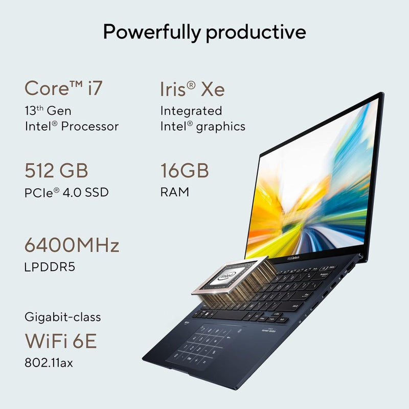 ASUS ZENBOOK 14 OLED (2023), INTEL CORE I7 - 1360P 13TH GEN, 14" (35.56 CM) 2.8K 90HZ OLED, THIN & LIGHT LAPTOP (16GB/512GB SSD/IRIS XE/WIN 11/OFFICE 2021/75W BATTERY/BLUE/1.39 KG), UX3402VA - KN741WS - SWIFT PERIPHERALS90NB10G3-M005P0