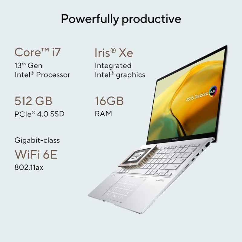 ASUS ZENBOOK 14 OLED (2023), INTEL CORE I7 - 1360P 13TH GEN, 14" (35.56 CM) 2.8K 90HZ OLED, THIN & LIGHT LAPTOP (16GB/512GB SSD/IRIS XE/WIN 11/OFFICE 2021/75W BATTERY/SILVER/1.39 KG), UX3402VA - KN742WS - SWIFT PERIPHERALS90NB10G7-M005R0