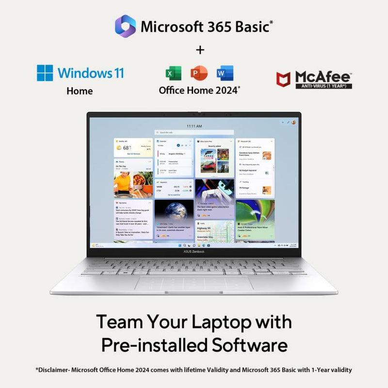 ASUS ZENBOOK 14 OLED (2025) WITH OFFICE 2024 + M365 BASIC*, AI PC INTEL CORE ULTRA 9 285H - (32 GB/1 TB SSD/WINDOWS 11 HOME) UX3405CA - PZ349WS THIN AND LIGHT LAPTOP (14 INCH, FOGGY SILVER, 1.28 KG, WITH MS OFFICE) - SWIFT PERIPHERALS1094608
