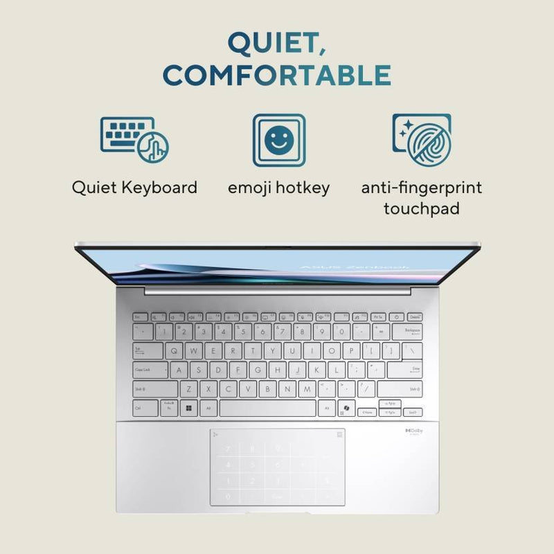 ASUS ZENBOOK 14 OLED (2025) WITH OFFICE 2024 + M365 BASIC*, AI PC INTEL CORE ULTRA 9 285H - (32 GB/1 TB SSD/WINDOWS 11 HOME) UX3405CA - PZ349WS THIN AND LIGHT LAPTOP (14 INCH, FOGGY SILVER, 1.28 KG, WITH MS OFFICE) - SWIFT PERIPHERALS1094608
