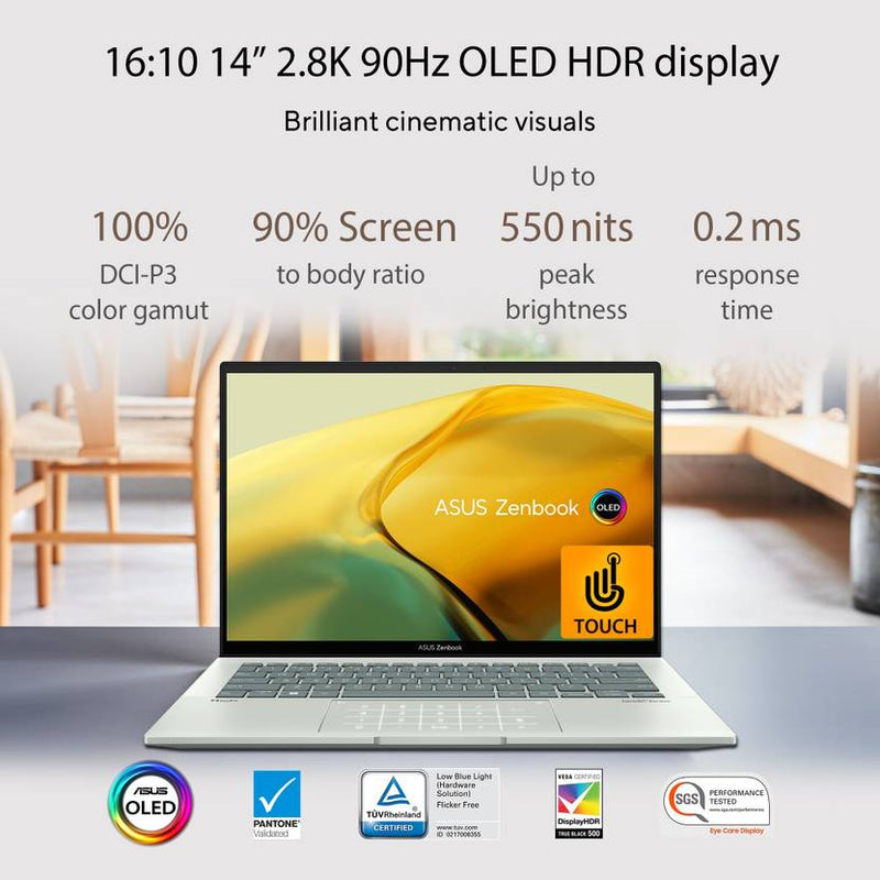 ASUS ZENBOOK 14 OLED TOUCH INTEL EVO P - SERIES INTEL CORE I7 12TH GEN 1260P - (16 GB/512 GB SSD/WINDOWS 11 HOME) UX3402ZA - KN732WS THIN AND LIGHT LAPTOP (14 INCH, AQUA CELADON, 1.39 KG, WITH MS OFFICE) - SWIFT PERIPHERALS90NB0WC4-M01410