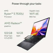 ASUS ZENBOOK 14 OLED UM3402YA - KM541WS [R5 - 7530U RYZEN/16GB DDR4/512GB SSD/NO DVD/WIN11 HOME+MSO/14.0 INCH/INTEGRATED GRAPHICS/1 YEAR/BLACK] - SWIFT PERIPHERALS1084632