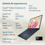 ASUS ZENBOOK 14 OLED UX3405CA - PZ162WS [ULTRA5 - 225H/16GB/1TB SSD/WIN11 HOME+MS24/14.0"/INTEGRATED GRAPHICS/1 YEAR(S)/BLUE] - SWIFT PERIPHERALS1096067