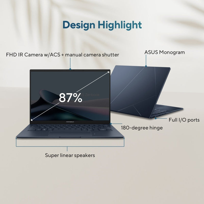 ASUS ZENBOOK 14 OLED UX3405MA - PP555WS [ULTRA5 - 125H 14TH GEN/16GB/1TB SSD/WIN11 HOME+MSO/14.0 INCH/INTEGRATED GRAPHICS /1 YEAR(S)/BLUE] - SWIFT PERIPHERALS1090676
