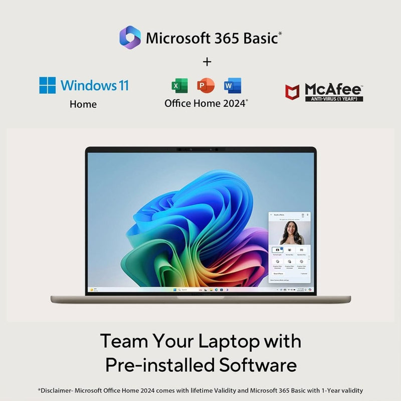 ASUS ZENBOOK A14, SNAPDRAGON X ELITE PROCESSOR,(QUALCOMM ADRENO IGPU/16GB RAM/512GB SSD/WINDOWS 11 HOME/MS OFFICE 365 BASIC (1YEAR)*/14 INCH FHD+ OLED/AI PC/ICELAND GRAY/0.98 KG), UX3407RA - QD061WS - SWIFT PERIPHERALS90NB16G2-M005E0