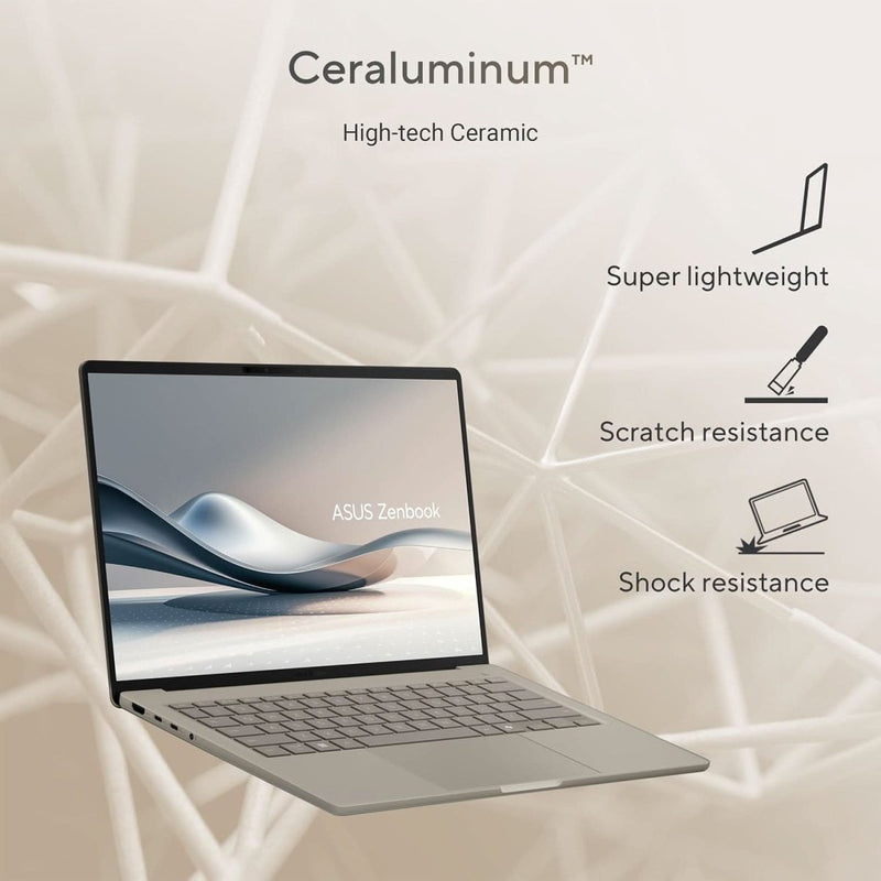ASUS ZENBOOK A14, SNAPDRAGON X ELITE PROCESSOR,(QUALCOMM ADRENO IGPU/16GB RAM/512GB SSD/WINDOWS 11 HOME/MS OFFICE 365 BASIC (1YEAR)*/14 INCH FHD+ OLED/AI PC/ZABRISKIE BEIGE/0.98 KG), UX3407RA - QD054WS - SWIFT PERIPHERALS90NB16G1-M004W0