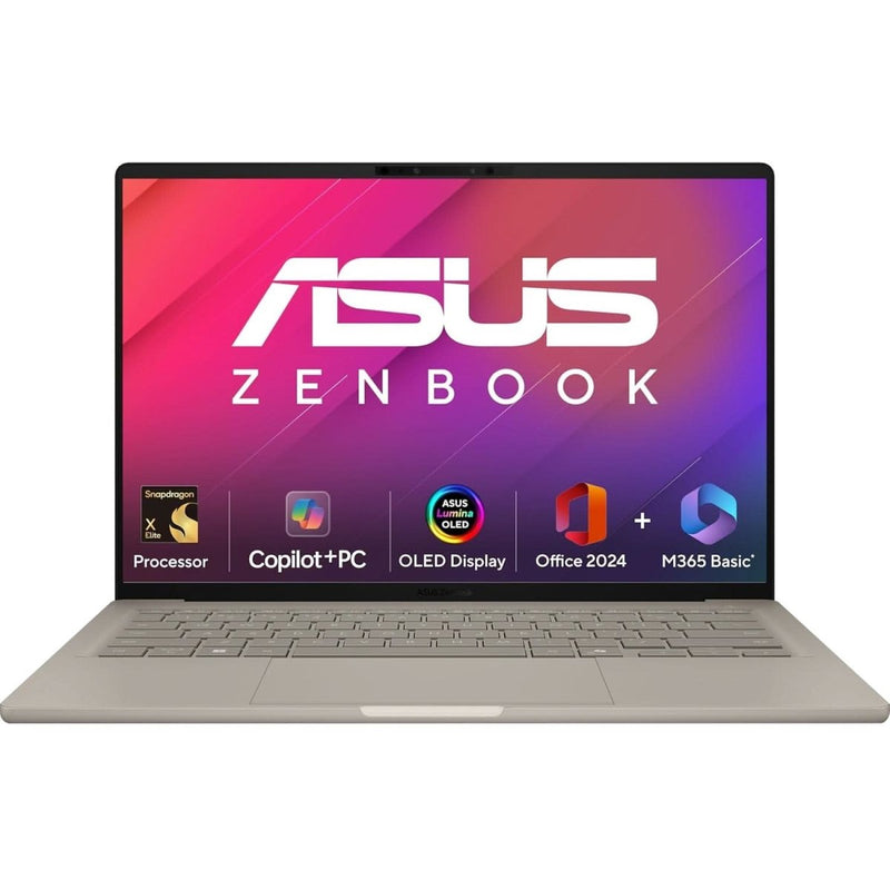 ASUS ZENBOOK A14, SNAPDRAGON X ELITE PROCESSOR,(QUALCOMM ADRENO IGPU/16GB RAM/512GB SSD/WINDOWS 11 HOME/MS OFFICE 365 BASIC (1YEAR)*/14 INCH FHD+ OLED/AI PC/ZABRISKIE BEIGE/0.98 KG), UX3407RA - QD054WS - SWIFT PERIPHERALS90NB16G1-M004W0
