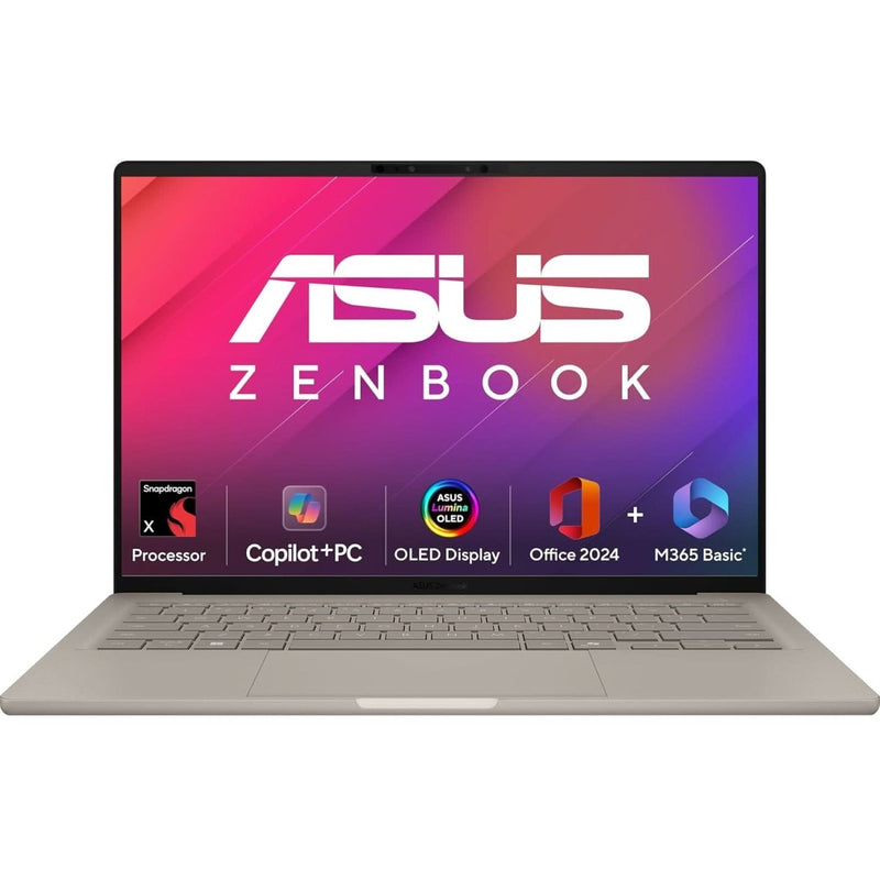 ASUS ZENBOOK A14,SNAPDRAGON X,COPILOT+ AI PC(QUALCOMM ADRENO IGPU/45TOPS/16GB/512GB/FHD+/14"/BACKLIT KEYBOARD/WINDOWS 11/M365 BASIC (1YEAR)*/OFFICE HOME 2024/ZABRISKIE BEIGE/0.98 KG) UX3407QA - QD258WS - SWIFT PERIPHERALS1092766
