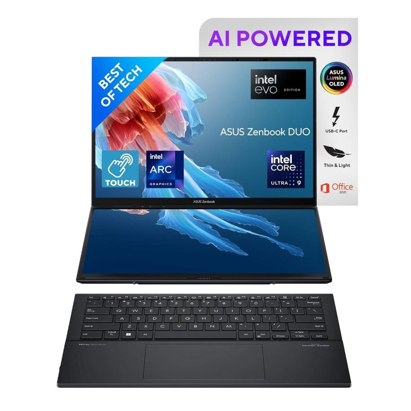 ASUS ZENBOOK DUO OLED (2024), 14" (35.56CM) FHD OLED TOUCH DISPLAY, INTEL CORE ULTRA 9 185H, BUILT - IN AI, DUAL SCREEN LAPTOP (32GB/1TB SSD/INTEL ARC GRAPHICS/WIN11/GRAY/1.65 KG), UX8406MA - QL961WS - SWIFT PERIPHERALS90NB12U1-M00HK0